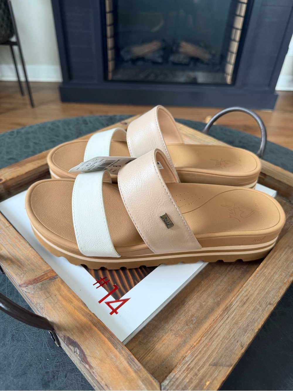Reef Women’s Two-Band Slide Sandals in Tan and White